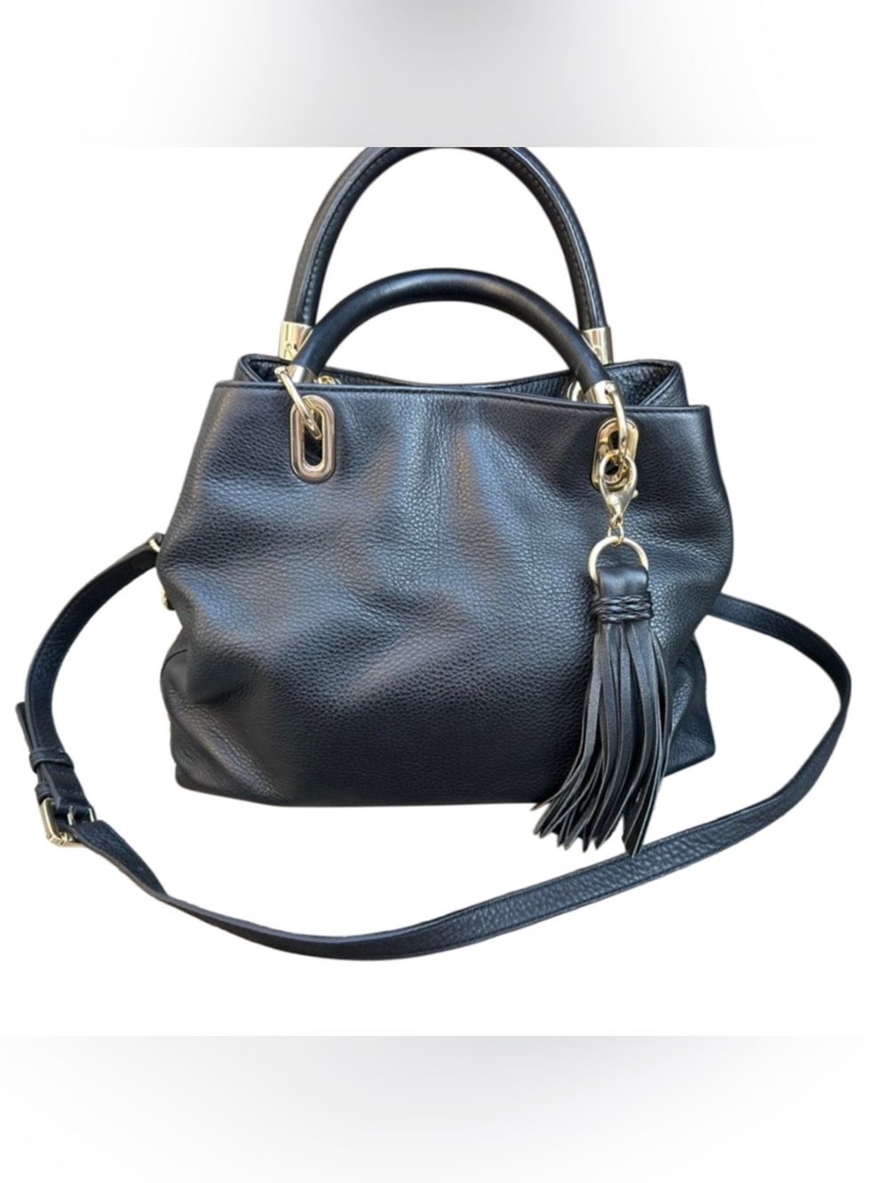 Vince Camuto Black Pebbled Leather Satchel Crossbody Gold Hardware Tassel